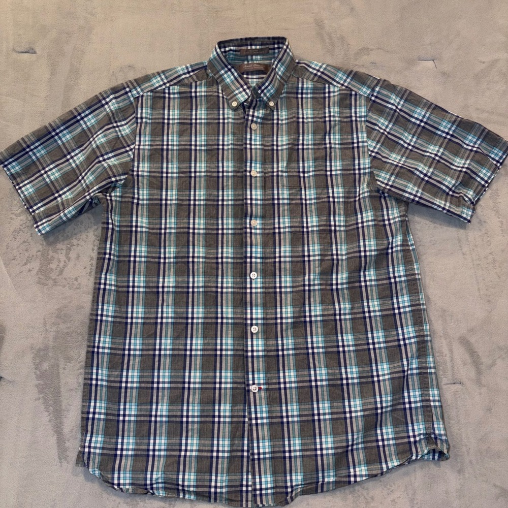 Daniel Cremieux Signature Collection Mens Blue Grey Plaid Cotton Shirt Medium